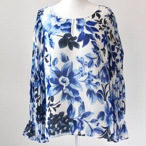 Talbots Blue and White Floral Keyhole Blouse Small